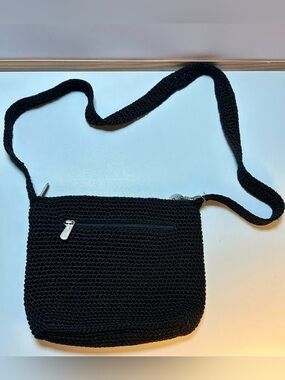 The Sak Black Crocheted Shoulder Bag with Logo Charm